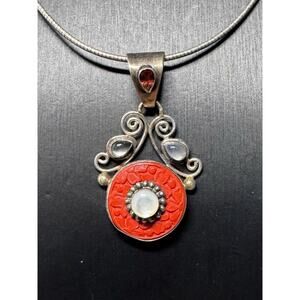 Sajen Sterling Silver Carved Cinnabar Pendant Garnet Moonstone Red Necklace